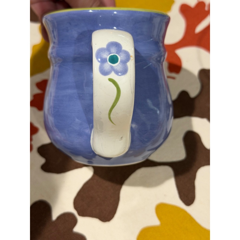 Pfaltzgraff Blue Stoneware Mug Flower Handle Green Trim Coffee Cup Vintage